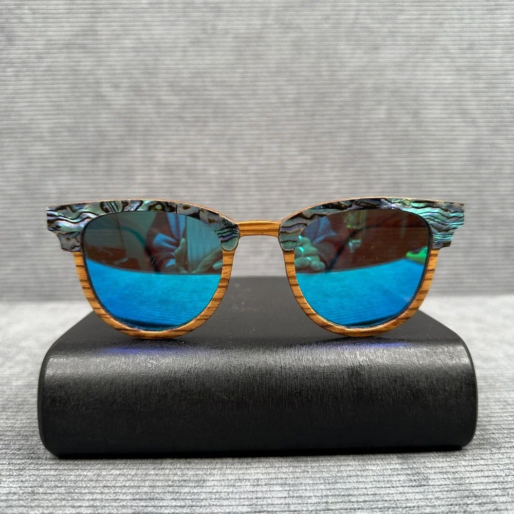 Soul California Wood Abalone Shell Sunglasses Blue Mirrored Lens Boho Wayfarer